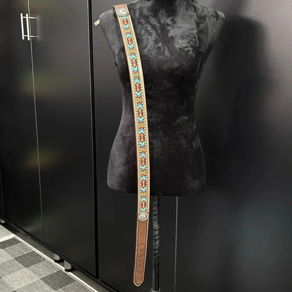 Nocona Genuine Leather,tooled,Aztec stitch, Conchos,removable silvertone buckle - Picture 4 of 10